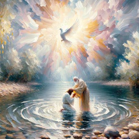 The Baptism of Jesus Christ by John the Baptist and with the Holy Spirit in the River Jordan: In Gentle Watercolor Ripples