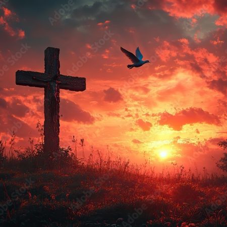 A cross of Jesus with a dove flying in a sunset sky serves as a concept banner for Easter